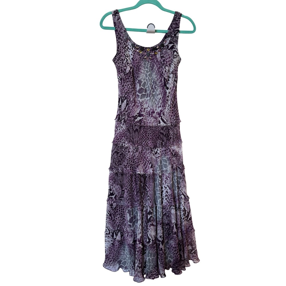Y2K Laura Petites Purple Snakeskin Print Embellished Tiered Midi Dress 6P